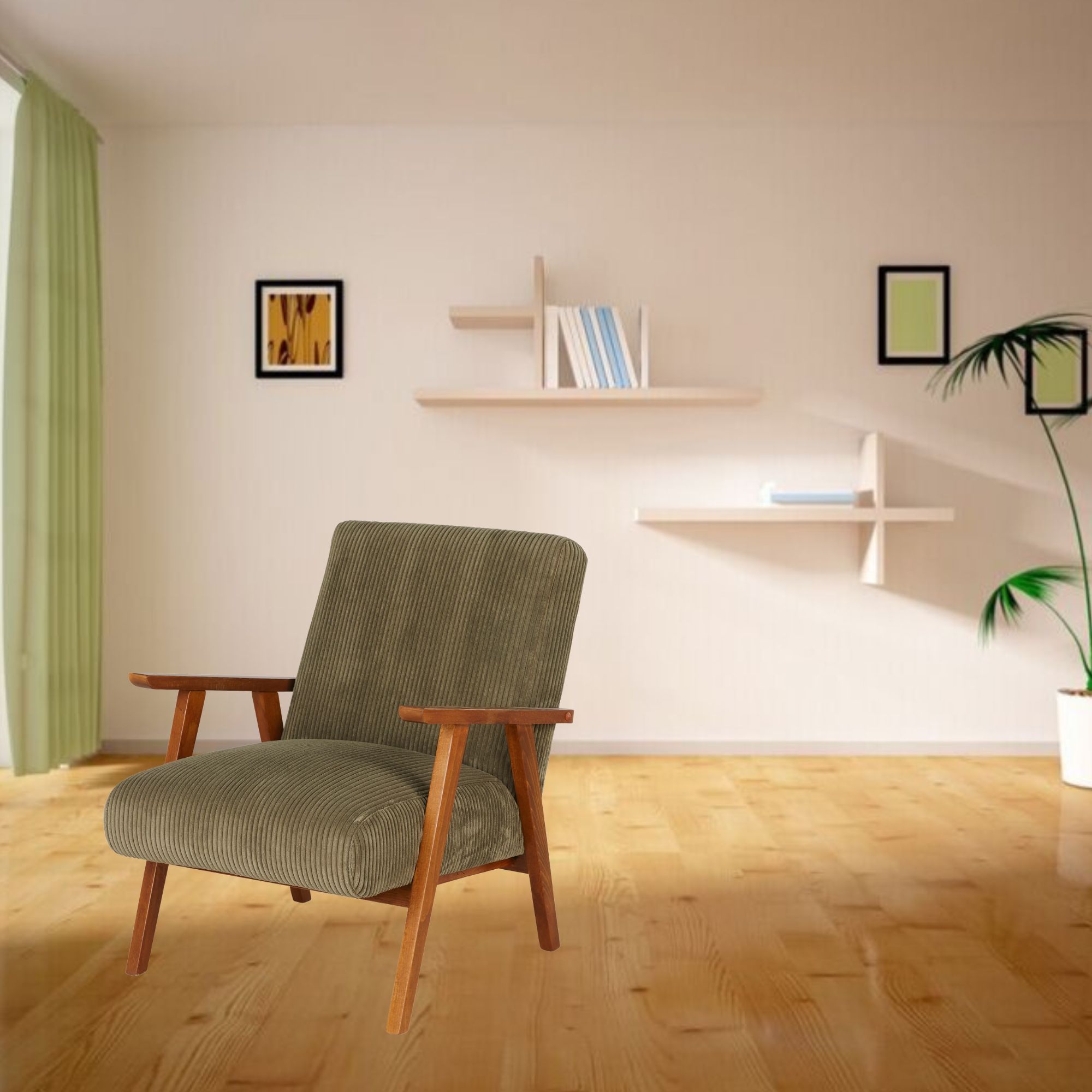 Cavella™ | Fauteuil Vintage – Bois de Hêtre, Design Intemporel, Tissu Cordon Vert Kaki