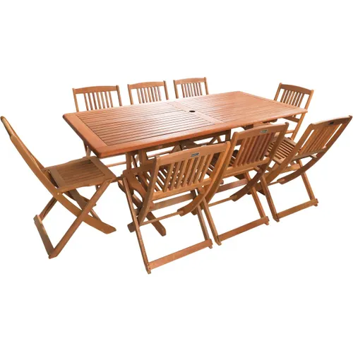 HABITAT ET JARDIN Hongkong Gartenensemble aus exotischem Holz – Fester Tisch & 8 Klappstühle