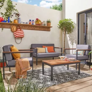 Gartenmöbel BEST MOBILIER Bamaga - 4-Sitzer-Set aus Holz, Metall & grauen Kissen