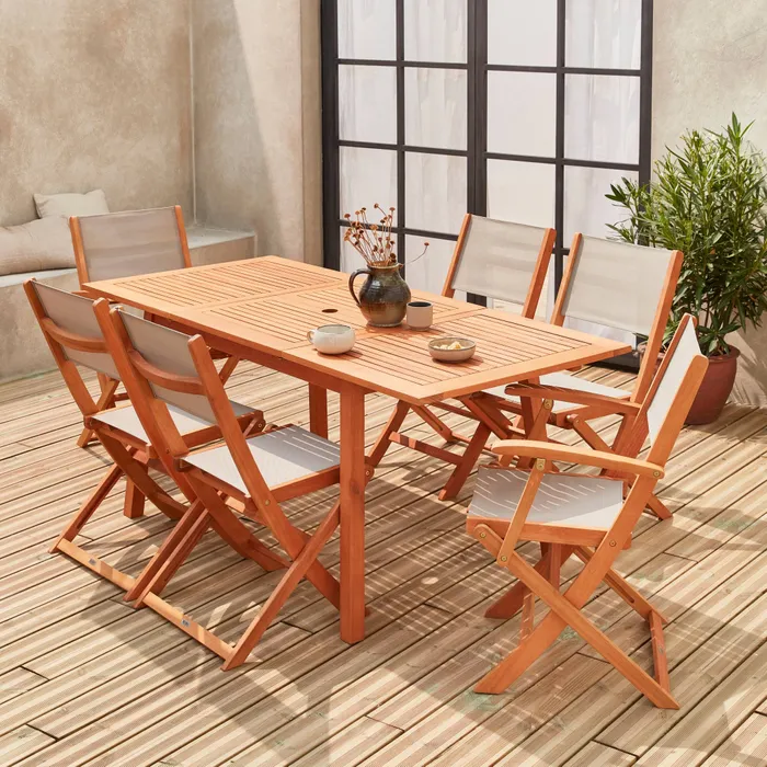SWEEEK Almeria Garten-Essgruppe aus ausziehbarem Holz – Tisch (120/180 cm) mit Erweiterungsplatte, 2 Sessel & 4 Stühle