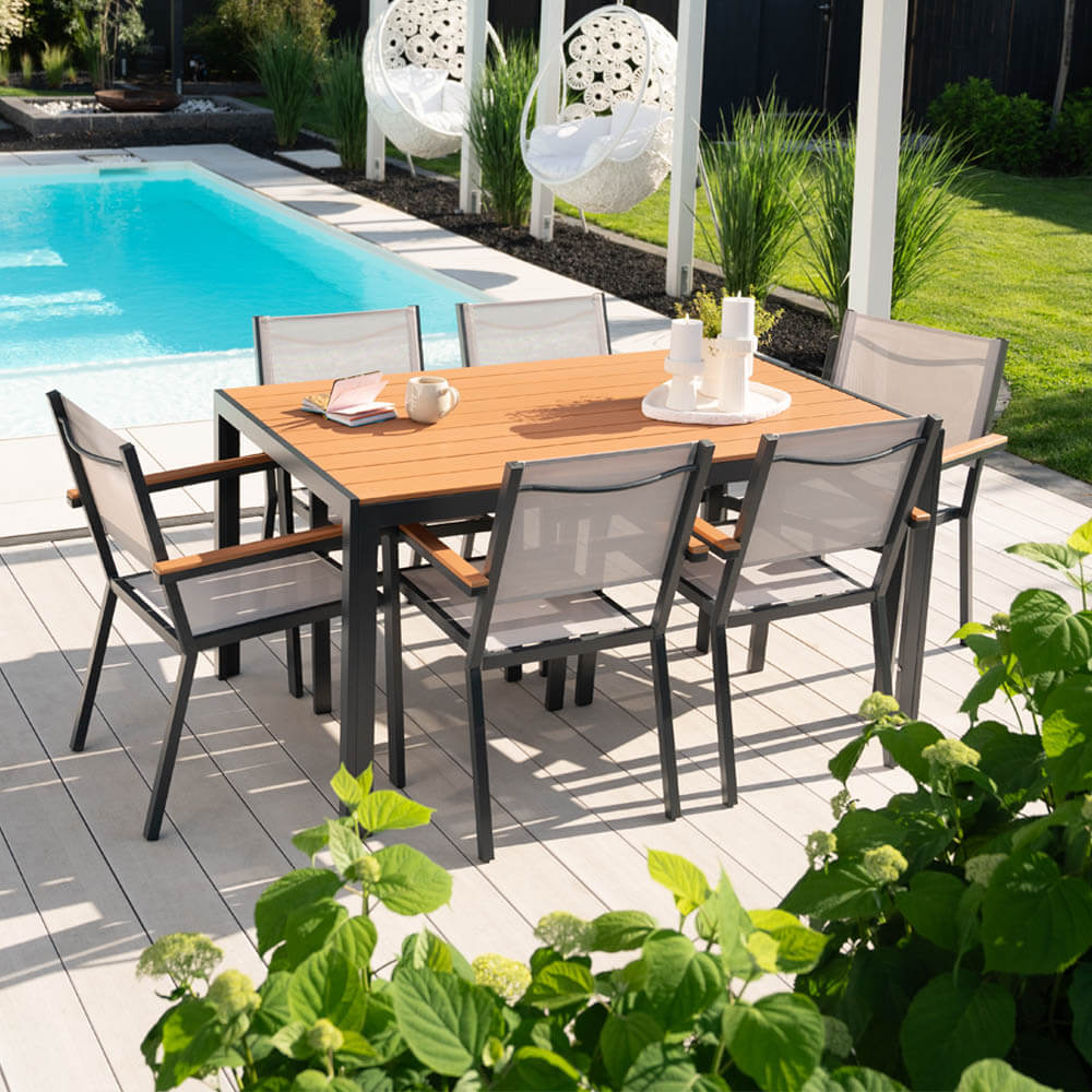 Olivara™ | Ensemble de Jardin – 6 Chaises, Design Aspect Bois, 150 x 90 cm, Élégant et Résistant