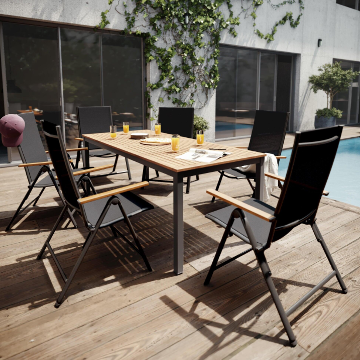 Savella™ | Ensemble de Mobilier de Jardin 6 Personnes – Aluminium & Eucalyptus, Structure Robuste, Coussins Confortables