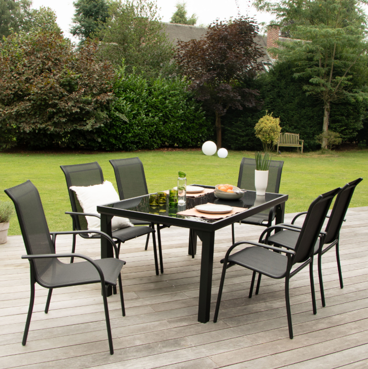 Avalis™ | Ensemble 6 Pièces en Aluminium – Plateau en Verre Trempé Opaque, 6 Fauteuils Textilène Confortables