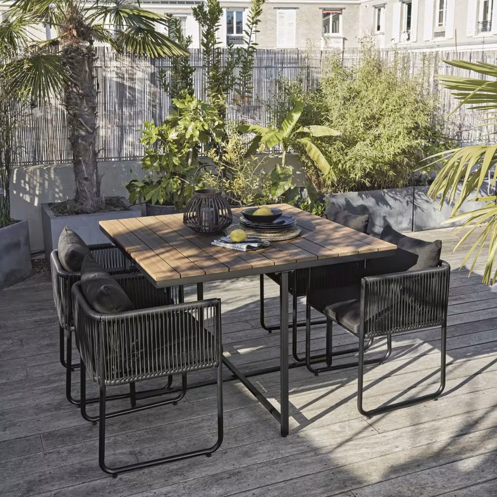 Aravelle™ – Teak-Tisch & 6 Stühle aus schwarzem Harz – Elegantes, wetterbeständiges Outdoor-Set