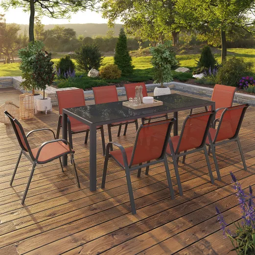 Elaris™ | Gartenmöbel-Set – 190 CM Tisch mit 8 Stapelbaren Terrakotta-Stühlen