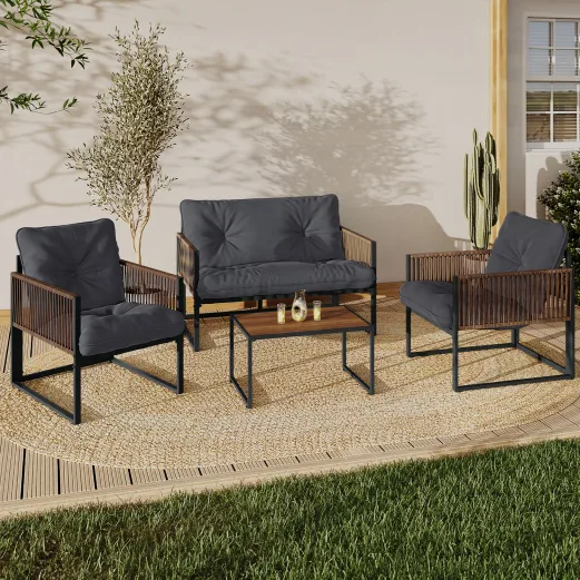 Virelian™ | Niedrige 4-Sitzer Gartenmöbel Metallgestell Anthrazitgrau, Rattan Seil und Kissen Grau