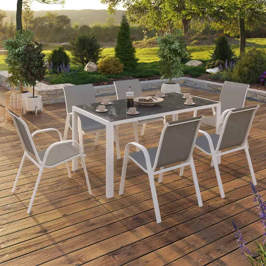 Lunora™ | Lounge Garten Set 190 CM Tisch und 8 Stapelstühle in Weiß und Grau