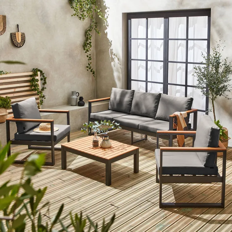 Evadis™ | 5-Sitzer Gartenmöbel - Aluminium und Eukalyptus, Gestell Schwarz, Kissen Dunkelgrau